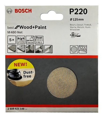 Disco Lixa Tipo Tela 5 Pol Velcro Grana 220 5 Pçs P220 Bosch