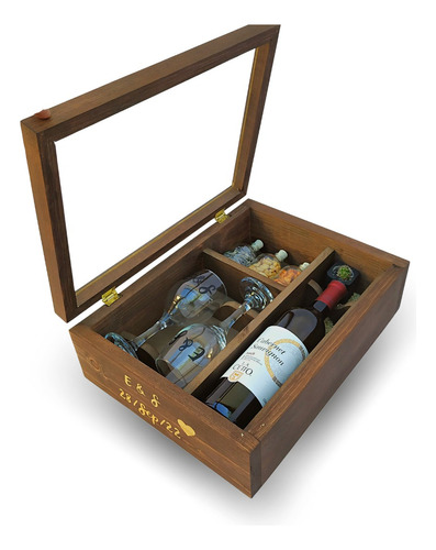 Caja De Madera Para Vino Y Copas Con Tapadera De Vidrio