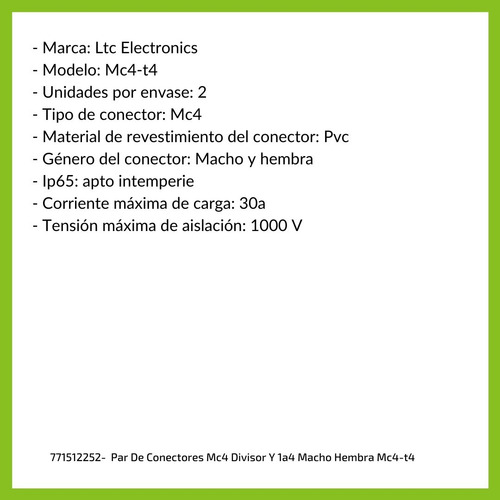 Imagen 6 de 10 de Par De Conectores Mc4 Divisor Y 1a4 Macho Hembra Mc4-t4