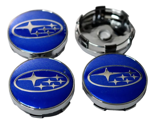 Pack 4 Tapa Subaru Azul 60mm Soporte Plateado Centro Llanta 