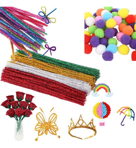 Limpia Pipas Tiras Fieltro 90und + 60und Pompón Manualidades Surtido