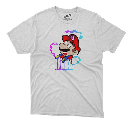 Remera Mario Bros Mario Con Humo De Colores Algodon Blanca