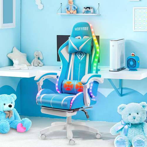 Silla De Juegos Ergonómica Con Masaje Y Luces Led Azul Claro