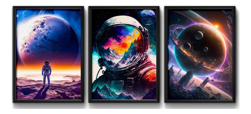 Set 3 Cuadros Astronauta Planetario Espacio Luna Nasa Arte Marco Negro