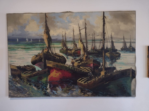 Allen Fontaine 1861 Cuadro Antiguo En Oleo,  Barcos En Mar  
