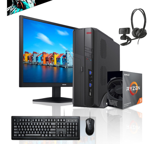 Pc Oficina Slim + Monitor 22 + Perif: Ryzen 3200g 8gb 500gb