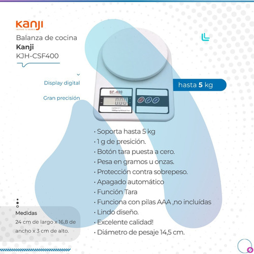 Imagen 2 de 9 de Balanza De Cocina Kanji 5kg Kjh-csf400 Pilas Aaa