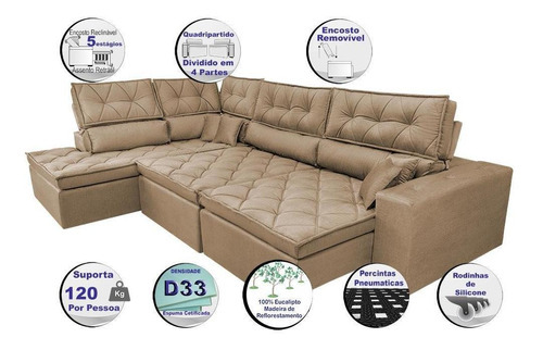 Sofa De Canto Retrátil,reclinável Cama Inbox Platinum Castor Cor Marrom-claro Desenho Do Tecido Liso