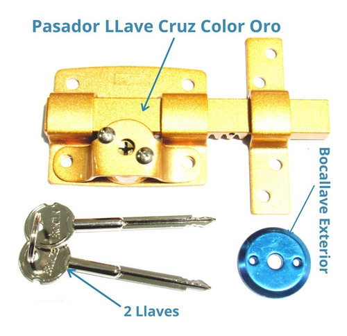 Imagen 4 de 10 de Cerrojo Pasador Llave Cruz Premium Puerta Oro Reforzado