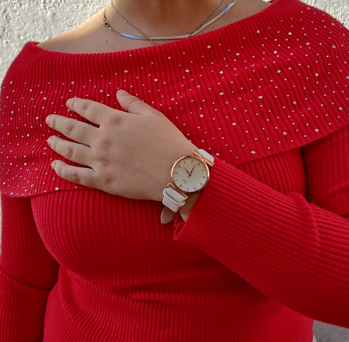 Reloj Mujer Elegante Moda Estilo Clásico Estuche Acero Blanco Dorado Blanco
