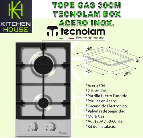 Tope Cocina Gas Tecnolam Box 30cm Acero