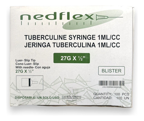 Jeringa Tuberculina 1ml 27g X 1/2 Luer Slip Con Aguja 100 Ud