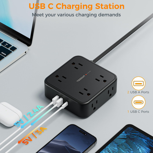 Cable De Extensión Tessan De 25ft Con 8 Salidas Ca Y 3 Usb