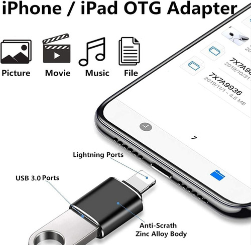 Imagen 4 de 10 de Adaptador Otg Usb 3.0 A Lightning Para iPhone iPad Apple