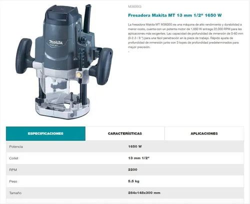 FRESADORA MAKITA MT 13 MM 1/2' 1650W M3600G