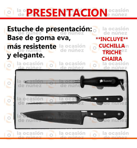 Imagen 3 de 7 de Set Asador Cuchillo Trinche Y Chaira Acero Trento Gourmet