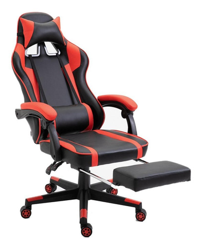  Shopeame Silla gamer ergonomica reclinable con descansa pies ergonómica  negra y roja con tapizado de cuero sintético