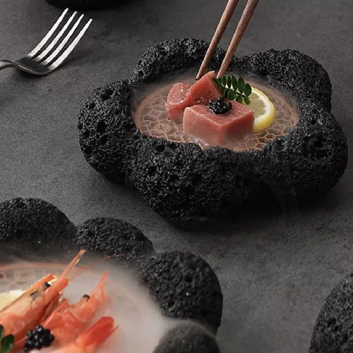 Plato de piedra volcánica creativa, vajilla japonesa para Hotel, juego de  Sushi, plato Circular para carne