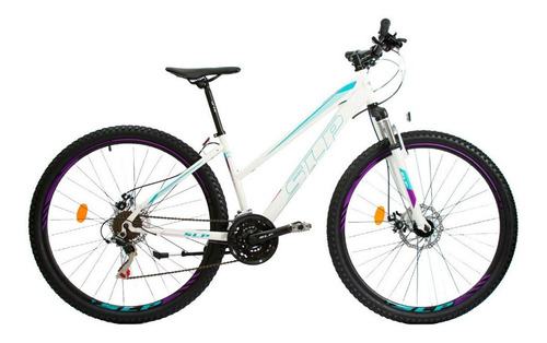 Mountain bike femenina SLP 10 Pro R29 21v frenos de disco mecánico cambios SLP color blanco/celeste/lila con pie de apoyo  