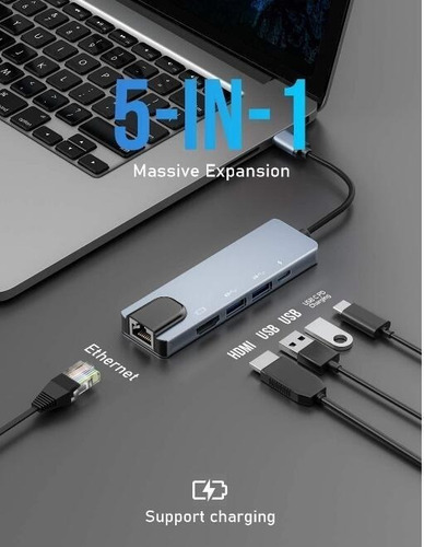 R Adaptador De Hub Tipo C 5 En 1 Hdmi, 2x Usb, Lan