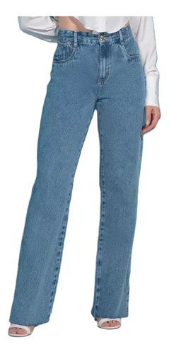 Calça Lisa Jeans Straight Mom Cos Alto De Algodão Lycra