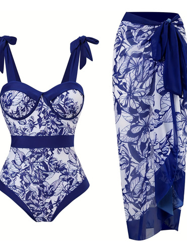 Traje De Baño De Una Pieza Con Estampado Tropical Y Falda De