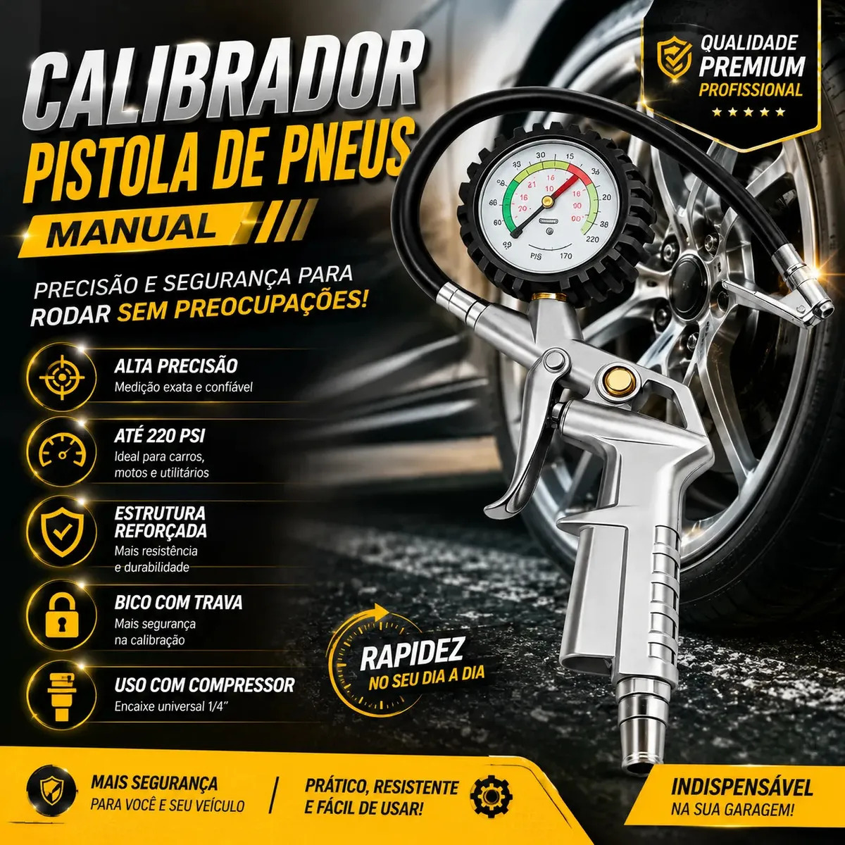 Calibrador De Pneus Profissional Com Manômetro 220 Psi 16bar