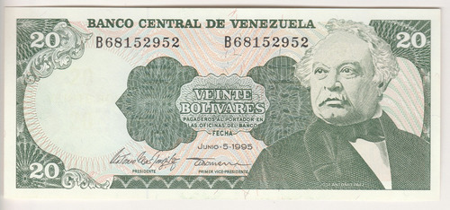 Billete Venezuela 20 Bs Junio 5 1995 B8 Unc