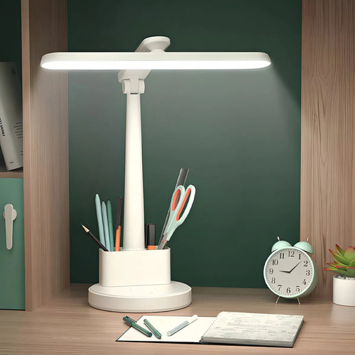 Fofodio Lámpara Blanca de Escritorio Brazo Giratoria 360° Recargable Luces Led y Soporte para Celular 3 Modos de Brillo para Estudiar Lectura Hogar y Trabajo