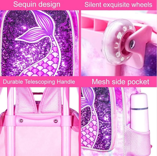 Conjunto De 3 Mochilas, Mochila Con Ruedas Para Niñas Fiusha/ Morado Sirena