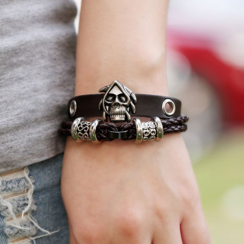 Moda Joyería Aleación Unisex Calavera Punk Pulsera Cuero Cor