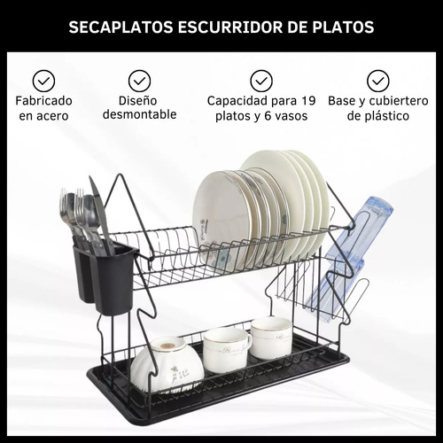 Secaplatos Escurridor Cubiertos Acero 2 Pisos Con Bandeja Plástica Desmontable