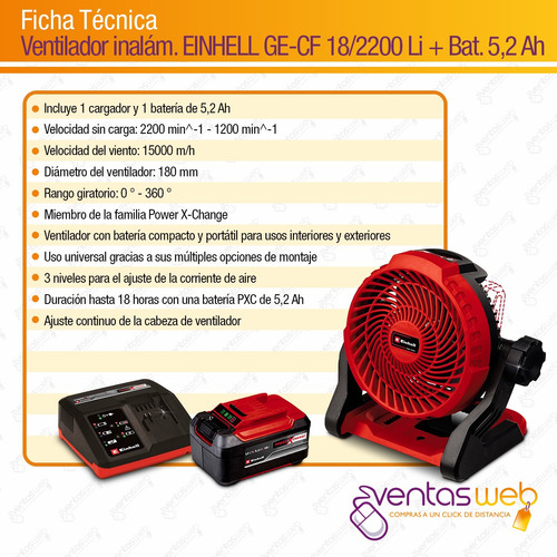 Imagen 9 de 10 de Ventilador Portatil Inalambrico Einhell 18cm Bateria 5,2 Amp
