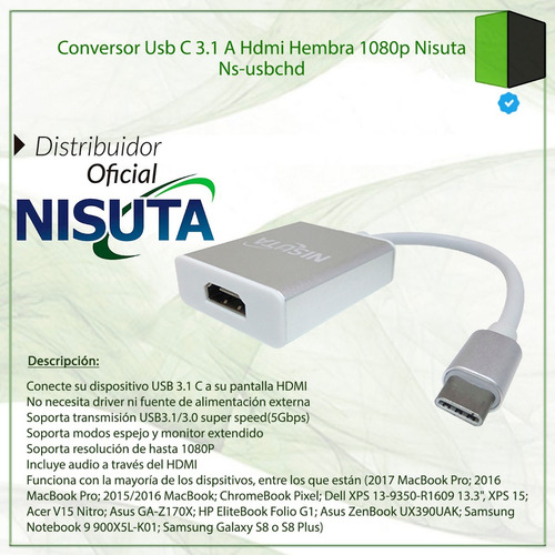 Conversor Usb C 3.1 A Hdmi Hembra 1080p Nisuta Ns-usbchd