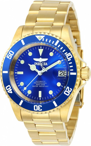 Reloj de pulsera Invicta Pro Diver 24763 de cuerpo color oro, analógico, para hombre, fondo azul, con correa de acero inoxidable color oro, agujas color gris y plata, dial blanco y gris, minutero/segundero gris, bisel color azul