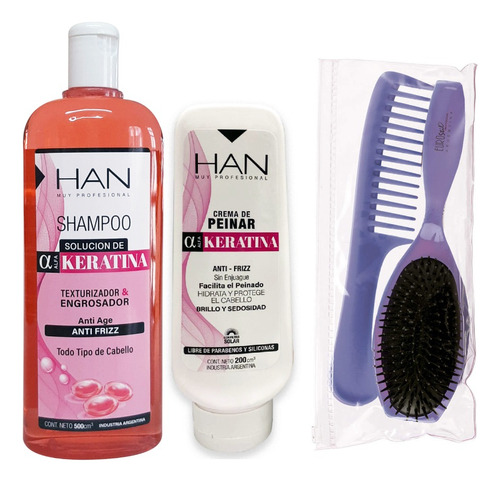 Shampoo Han + Crema Keratina Fortalecedor + Kit Peines
