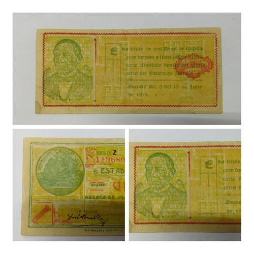 Billete Estado De Oaxaca,1915. Revolución Mexicana.