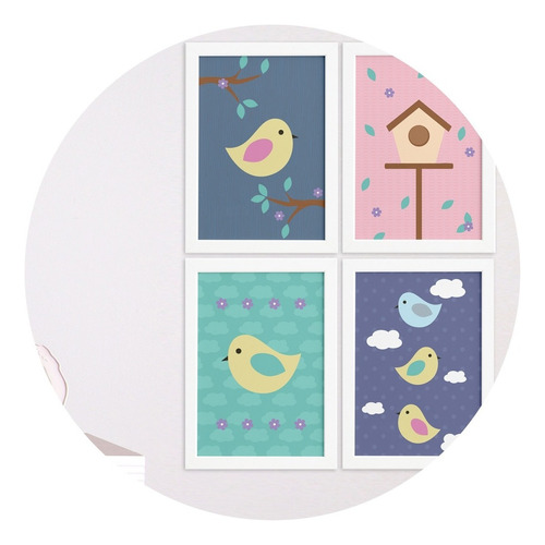 Quadros Decorativos Infantil Pássaros Moldura Branca 4un 33x Cor Colorido