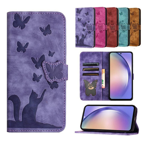 Funda Tipo Libro Flip Butterfly Cat Para Samsung Galaxy A71 A56 A55 A54 A53 A52s A51 A42 A36 A35 A34 A33 A32 4g 5g
