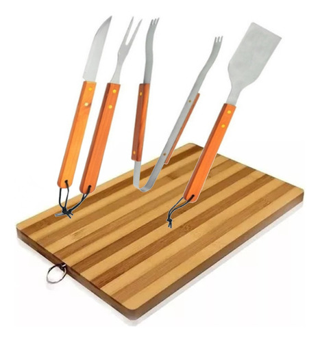 Set Asador 5 Piezas Tabla Cuchillo Tenedor Espátula Pinza