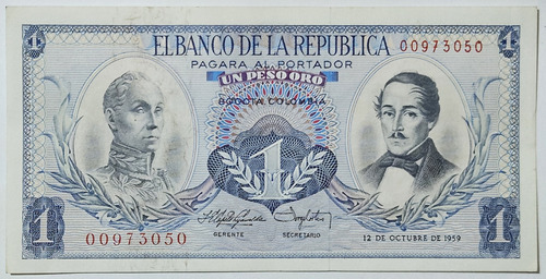 Billete 1 Peso 12/oct/1959 Colombia Au