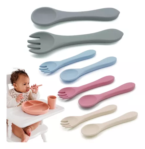 Juego de 3 cucharas de silicona para bebé (azul) Cuchara de silicona  irrompible para bebé, cucharas para bebés de 6 meses en adelante,  utensilios para