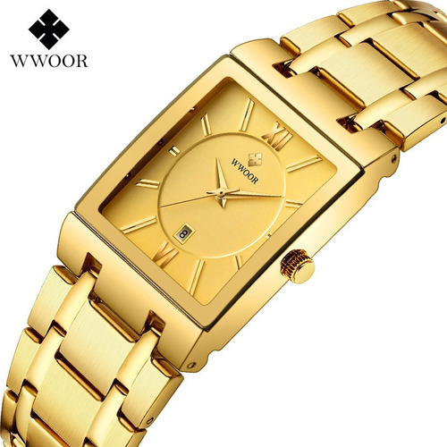 Relógios Quartzo Masculinos Impermeáveis Wwoor Fundo Dourado