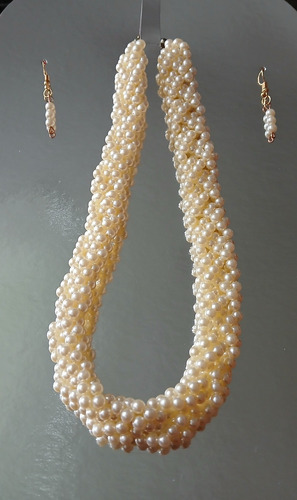 Set Collar De Perlas Trenzado 50 Cm Y Caravanas Bijutería.