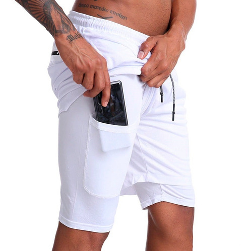 Short Atletico 2 En 1 Con Bolsa Para Celular Blanco D2034