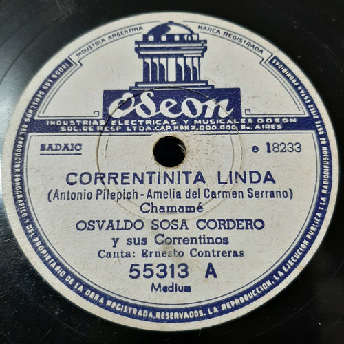Pasta Osvaldo Sosa Cordero Sus Correntinos Odeon C199