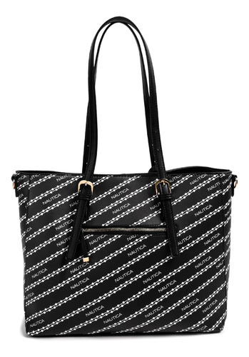 Bolsa Tote Nautica Mujer Color Negro Acabado De Los Herrajes Níquel Diseño De La Tela Liso