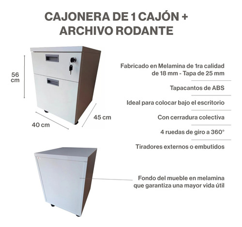 Cajonera Rodante De 1 Cajón Y 1 Carpeta Colgante Oficina