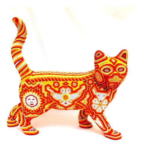 Arte Huichol Gato Solar Chaquira  Tatewari  Decoración 