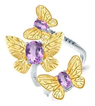 Comprar Anillo Ajustable Mariposas, Plata 925 Baño Oro 18k Amatistas